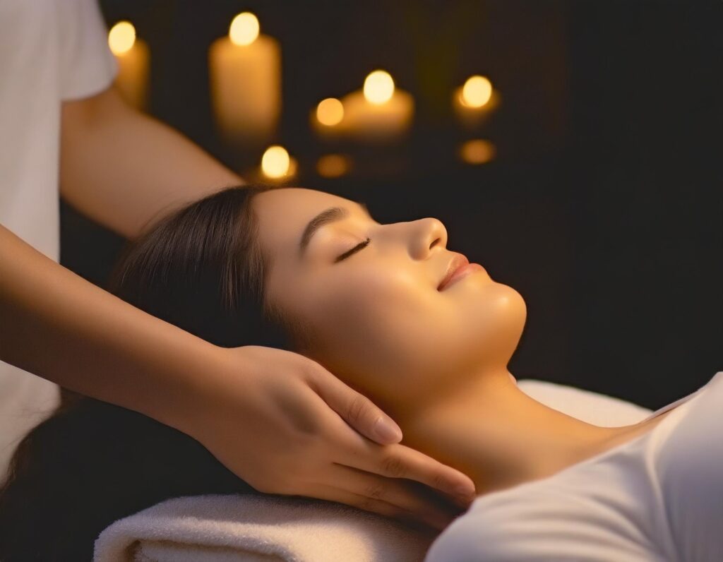 Woman receiving a head massage in a fantastic space